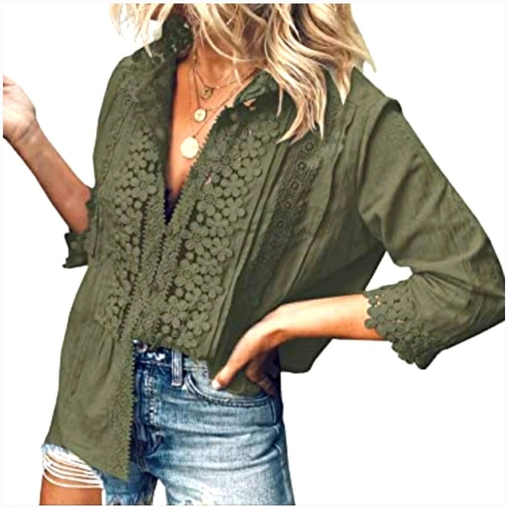 PAPOSON Olive Green‎ Lace Trimmed Embroidered Boho Blouse Shirt Women's Size S